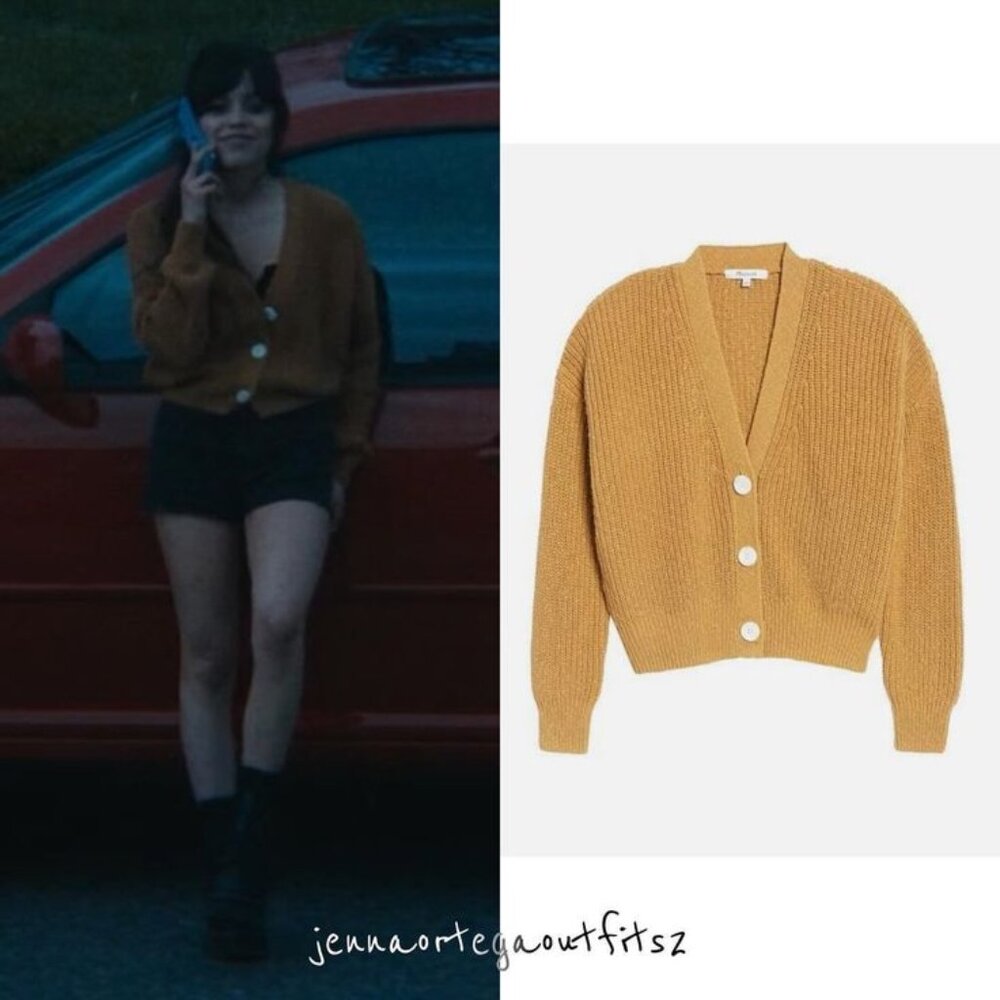 Madewell greywood crop cotton cardigan small Jenna Ortega toffee camel